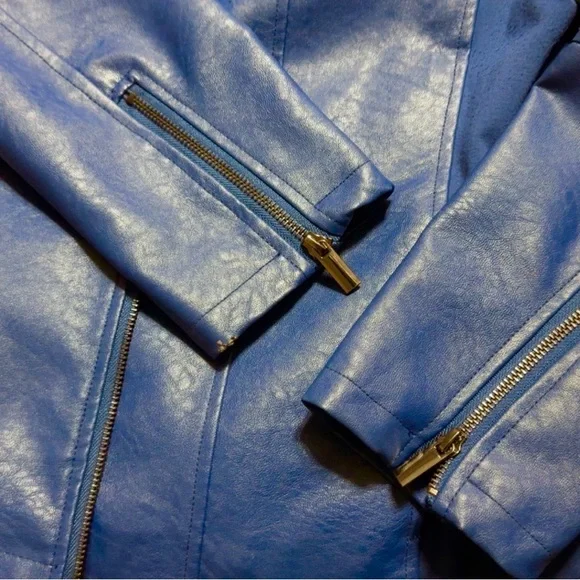 Colleen Lopez navy blue embroidered floral faux leather moto jacket Size XL - Picture 8 of 11